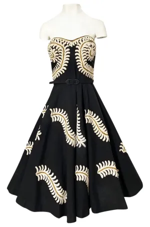1950s Heavy Cotton / Canvas Strapless Dress  w Hand Applied Cord Applique