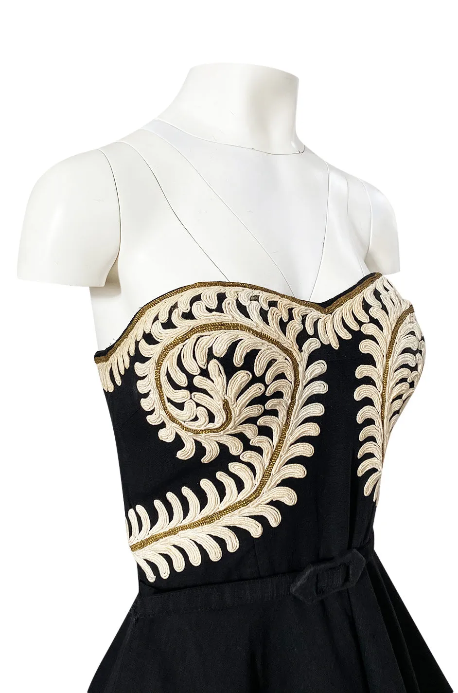 1950s Heavy Cotton / Canvas Strapless Dress  w Hand Applied Cord Applique