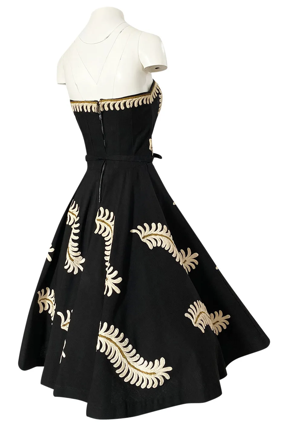 1950s Heavy Cotton / Canvas Strapless Dress  w Hand Applied Cord Applique