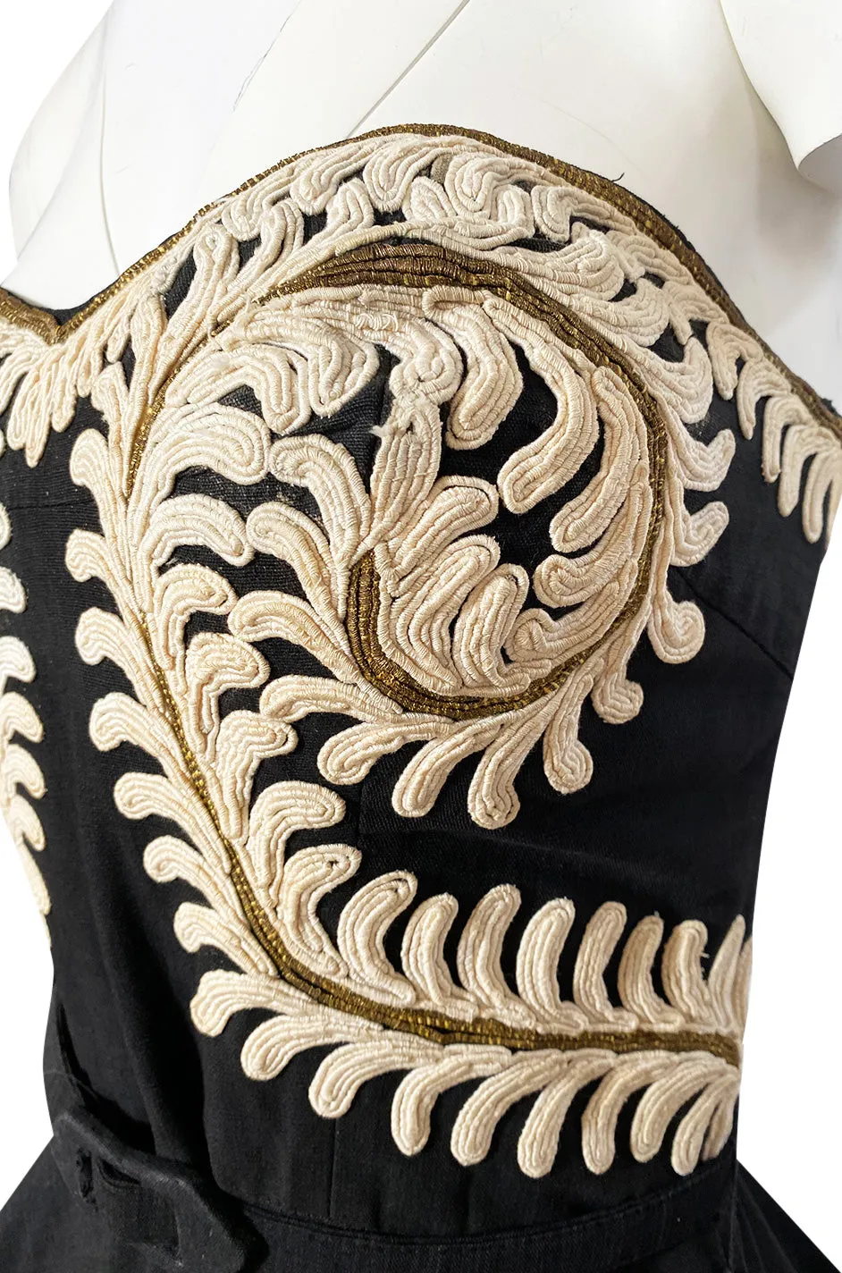 1950s Heavy Cotton / Canvas Strapless Dress  w Hand Applied Cord Applique