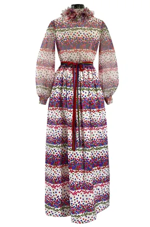 1970s Mollie Parnis Balloon Sleeve Confetti Print Silk Twill & Silk Chiffon Dress w Ruffled Collar