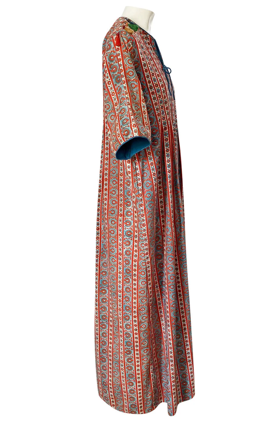 1970s Treacy Lowe Printed Cotton Caftan Dress w Tassel Bead Trimming