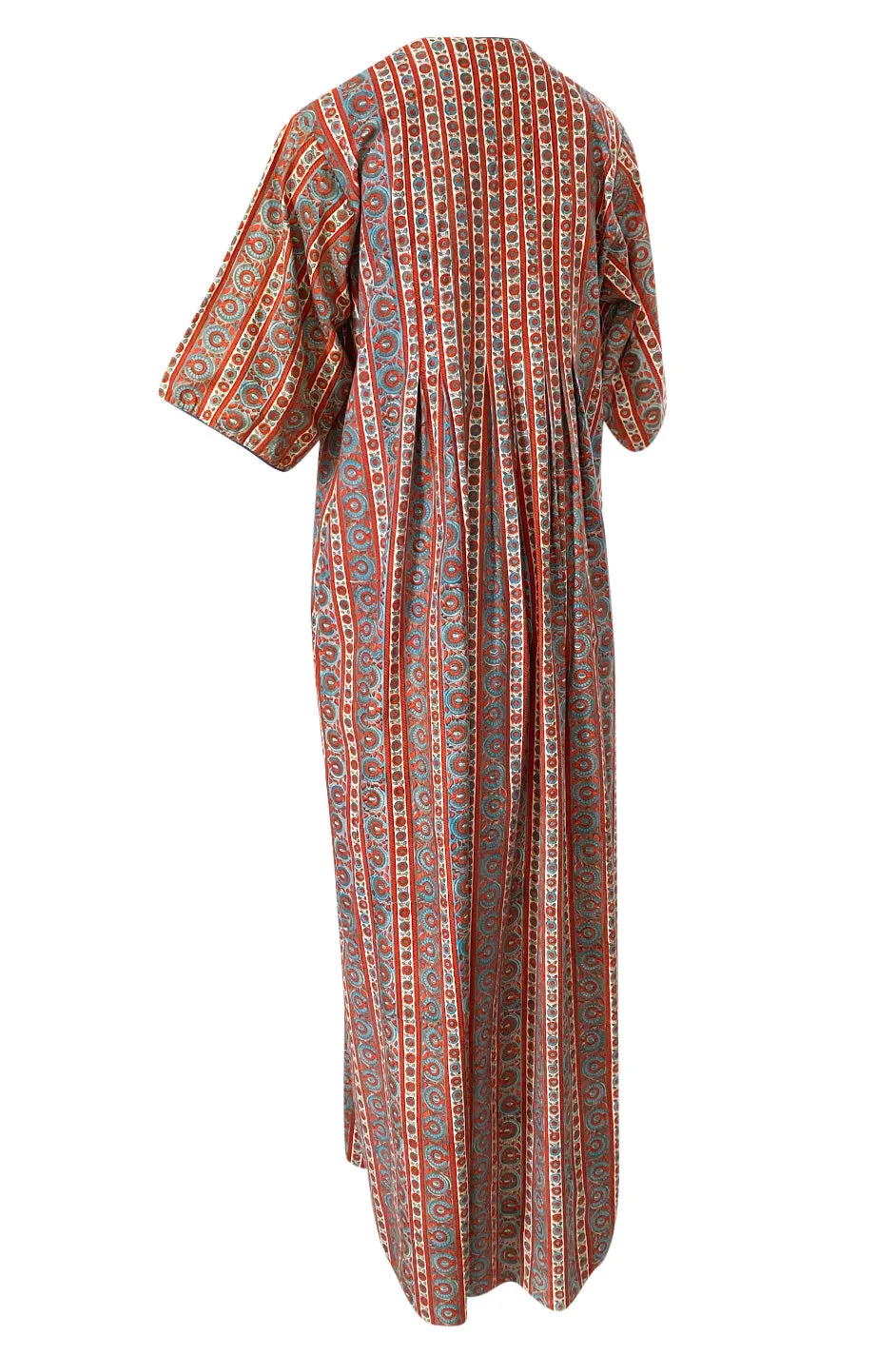 1970s Treacy Lowe Printed Cotton Caftan Dress w Tassel Bead Trimming