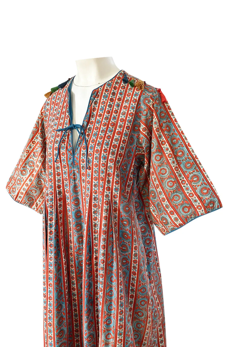 1970s Treacy Lowe Printed Cotton Caftan Dress w Tassel Bead Trimming
