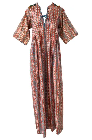 1970s Treacy Lowe Printed Cotton Caftan Dress w Tassel Bead Trimming