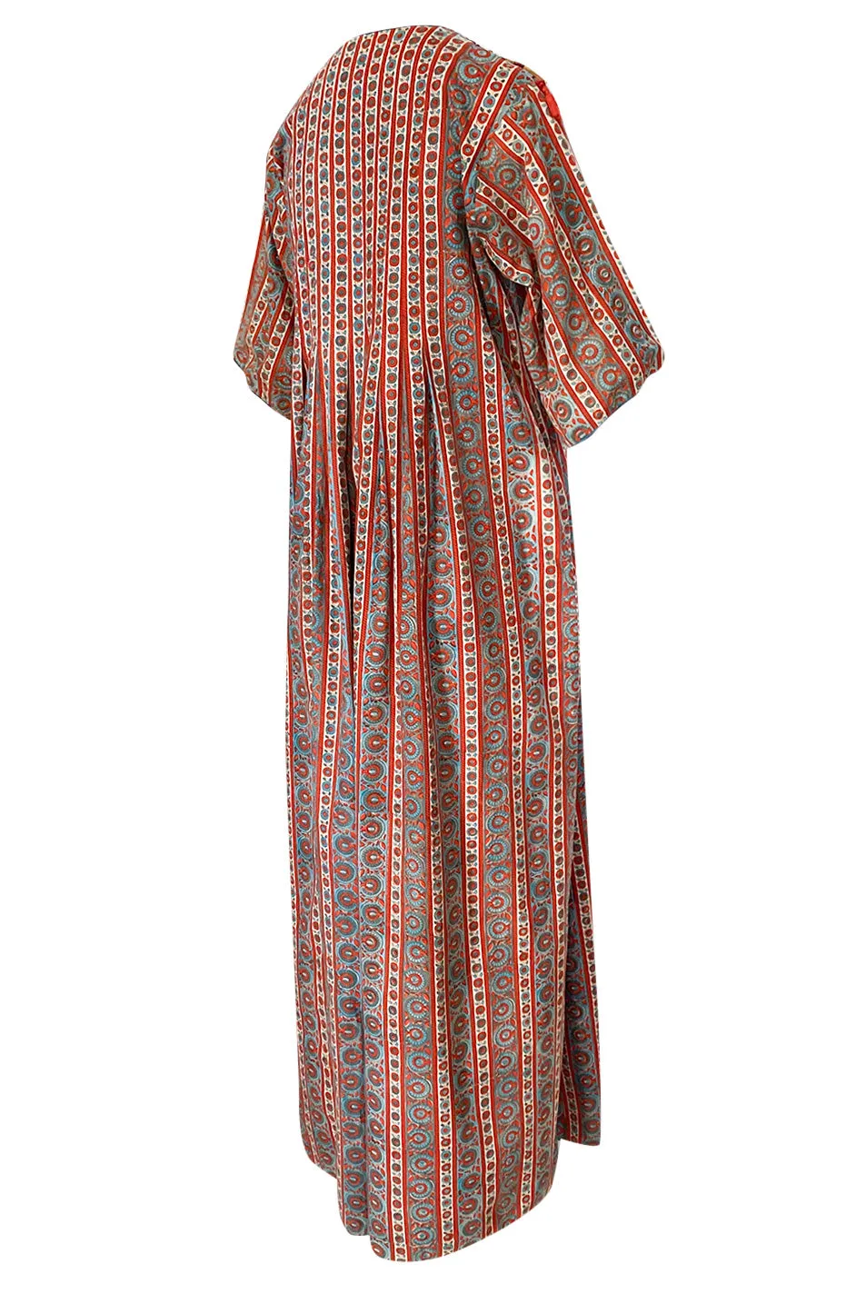 1970s Treacy Lowe Printed Cotton Caftan Dress w Tassel Bead Trimming