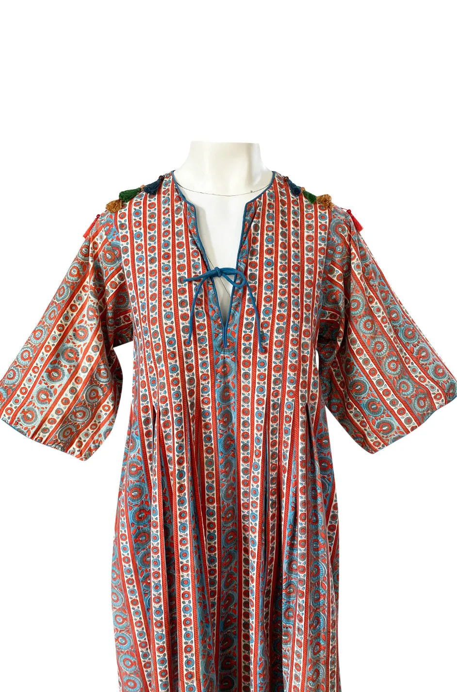 1970s Treacy Lowe Printed Cotton Caftan Dress w Tassel Bead Trimming