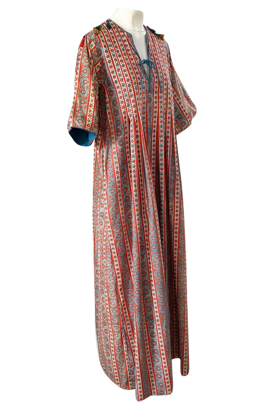1970s Treacy Lowe Printed Cotton Caftan Dress w Tassel Bead Trimming