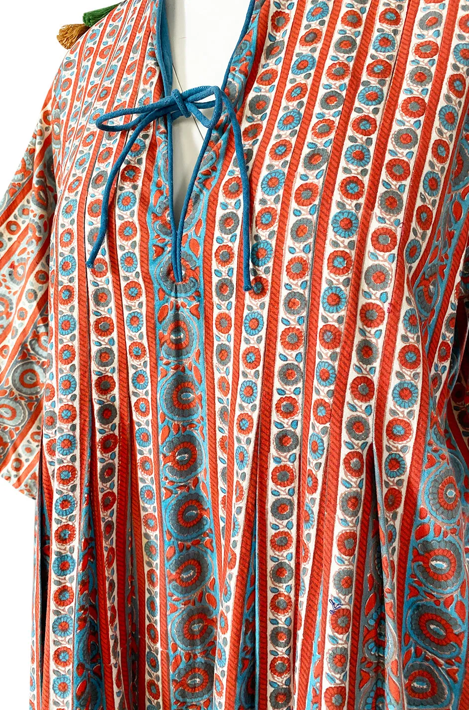 1970s Treacy Lowe Printed Cotton Caftan Dress w Tassel Bead Trimming
