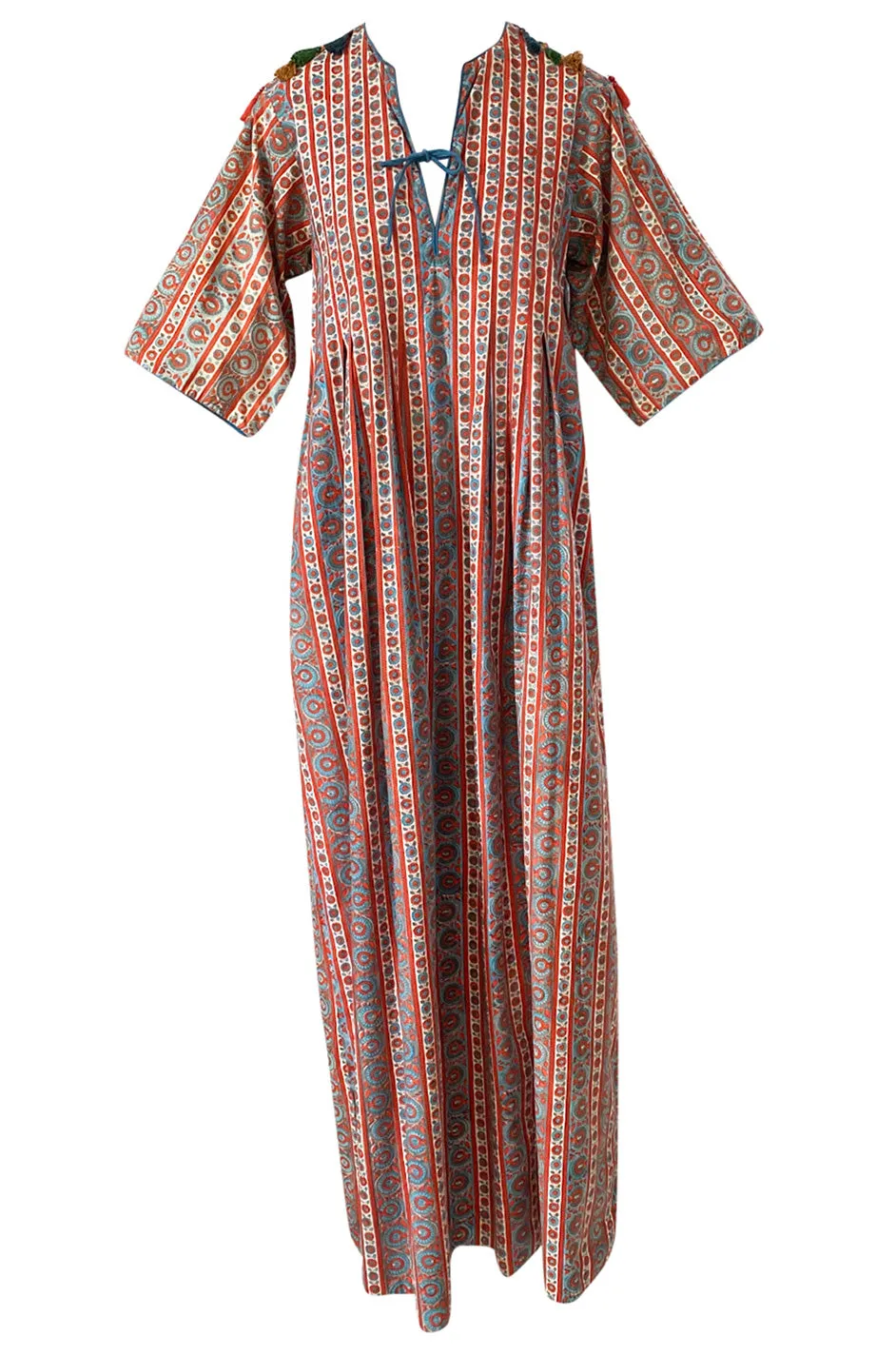 1970s Treacy Lowe Printed Cotton Caftan Dress w Tassel Bead Trimming