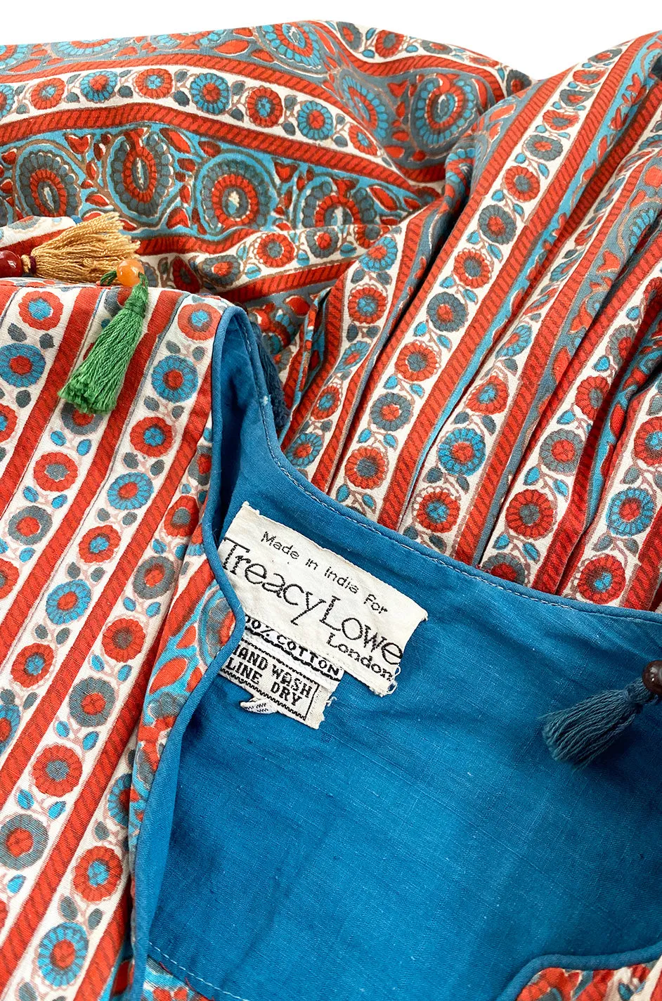 1970s Treacy Lowe Printed Cotton Caftan Dress w Tassel Bead Trimming
