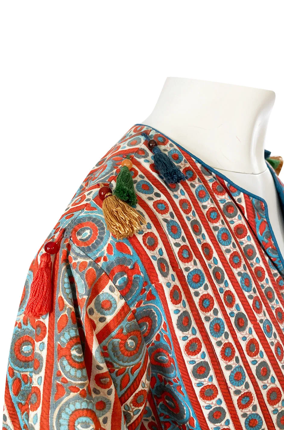 1970s Treacy Lowe Printed Cotton Caftan Dress w Tassel Bead Trimming