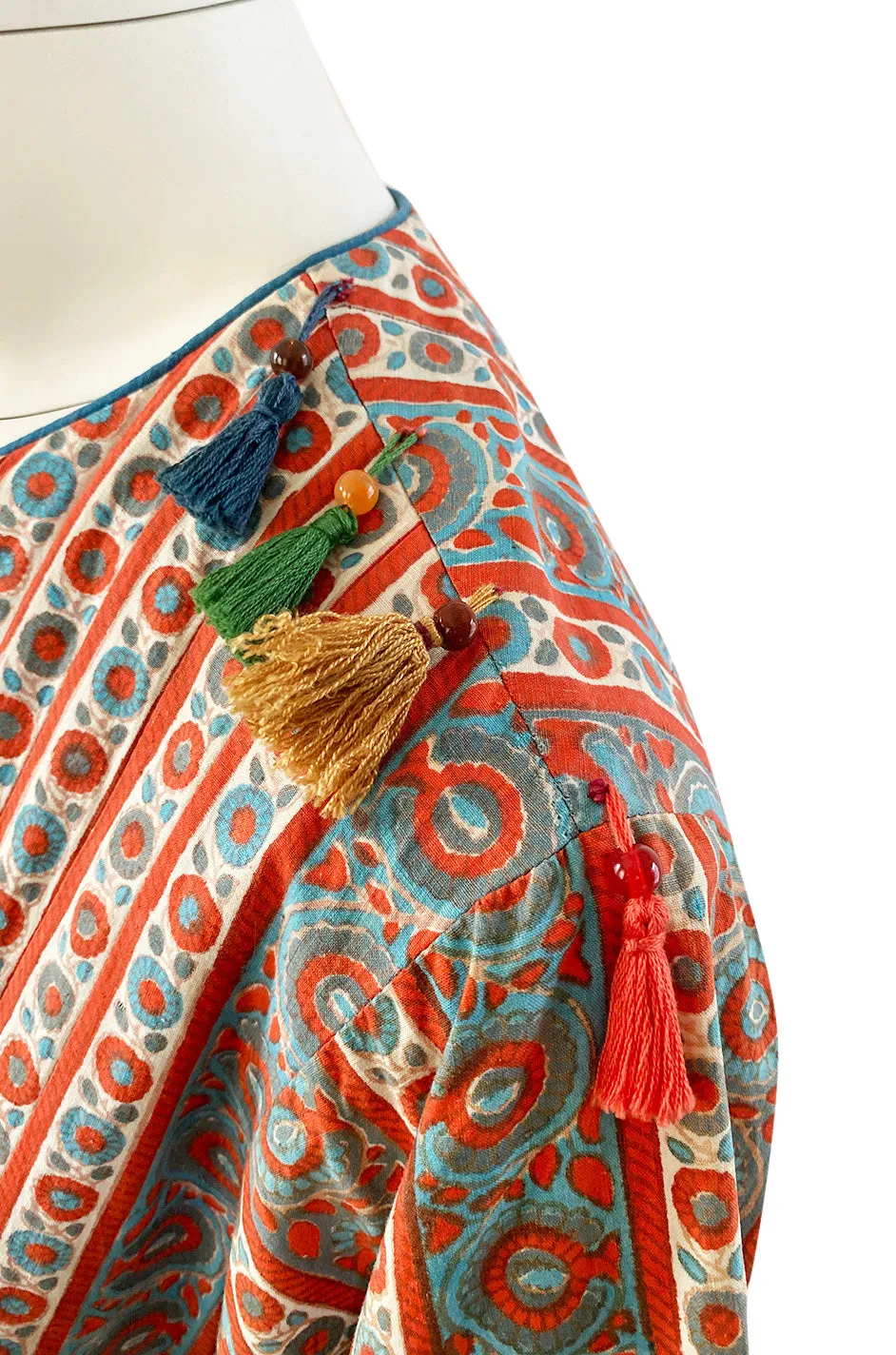 1970s Treacy Lowe Printed Cotton Caftan Dress w Tassel Bead Trimming