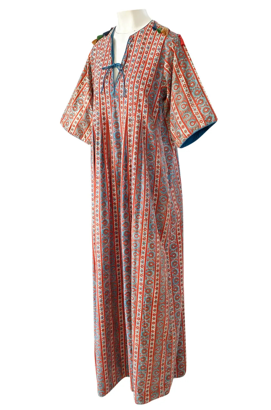 1970s Treacy Lowe Printed Cotton Caftan Dress w Tassel Bead Trimming