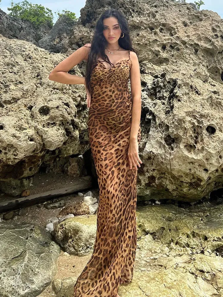 2023 Sexy Spaghetti Strap Leopard Long Sundress Maxi Dress Summer Clothing For Women Club Party Dresses Evening Beach Wear A1224