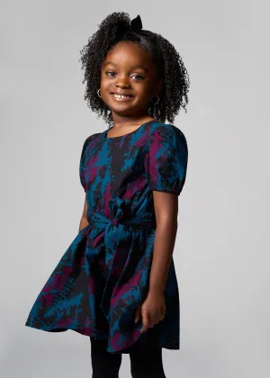 Akua Girl's African Print Dress (Midnight Teal Abstract)