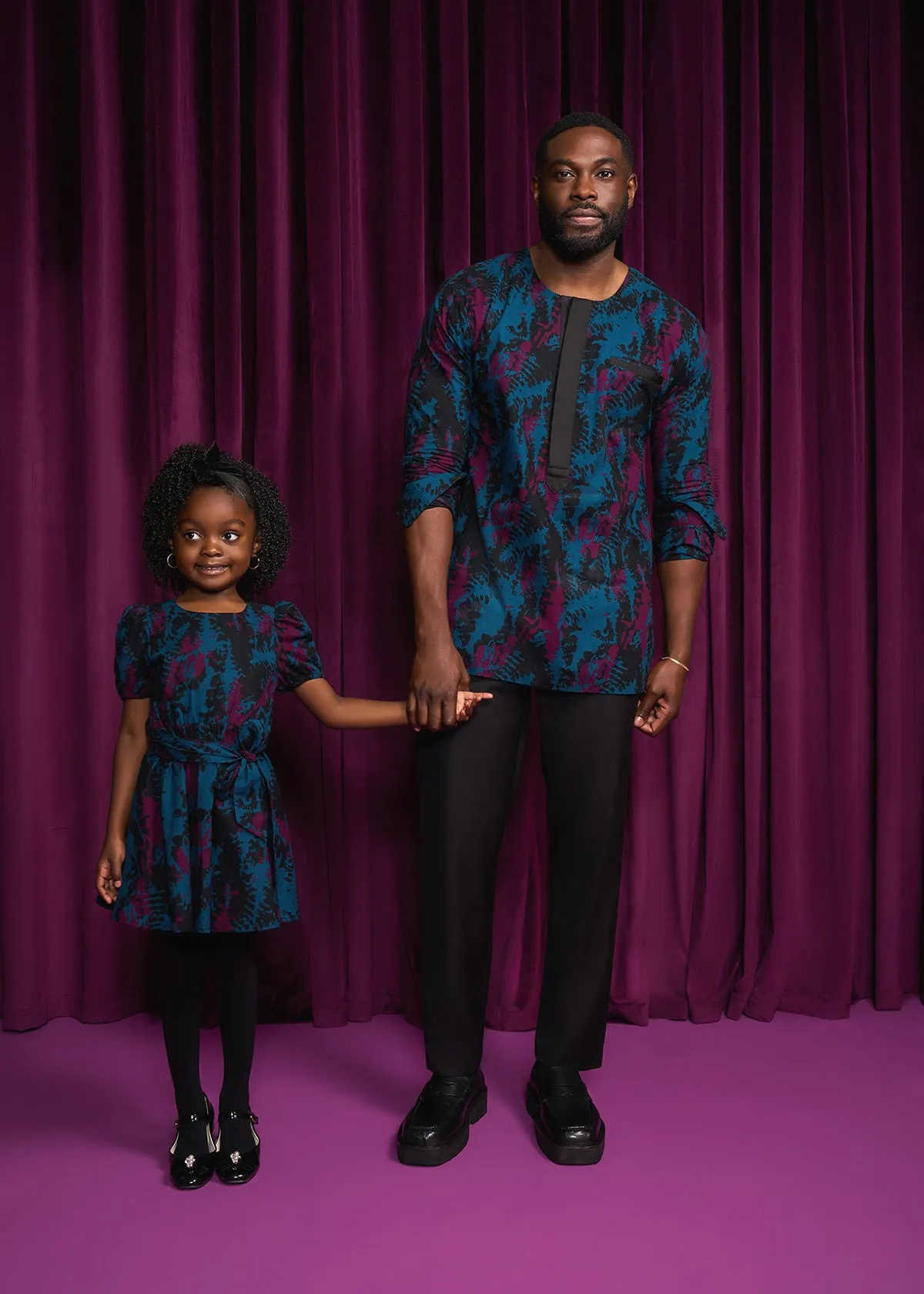 Akua Girl's African Print Dress (Midnight Teal Abstract)