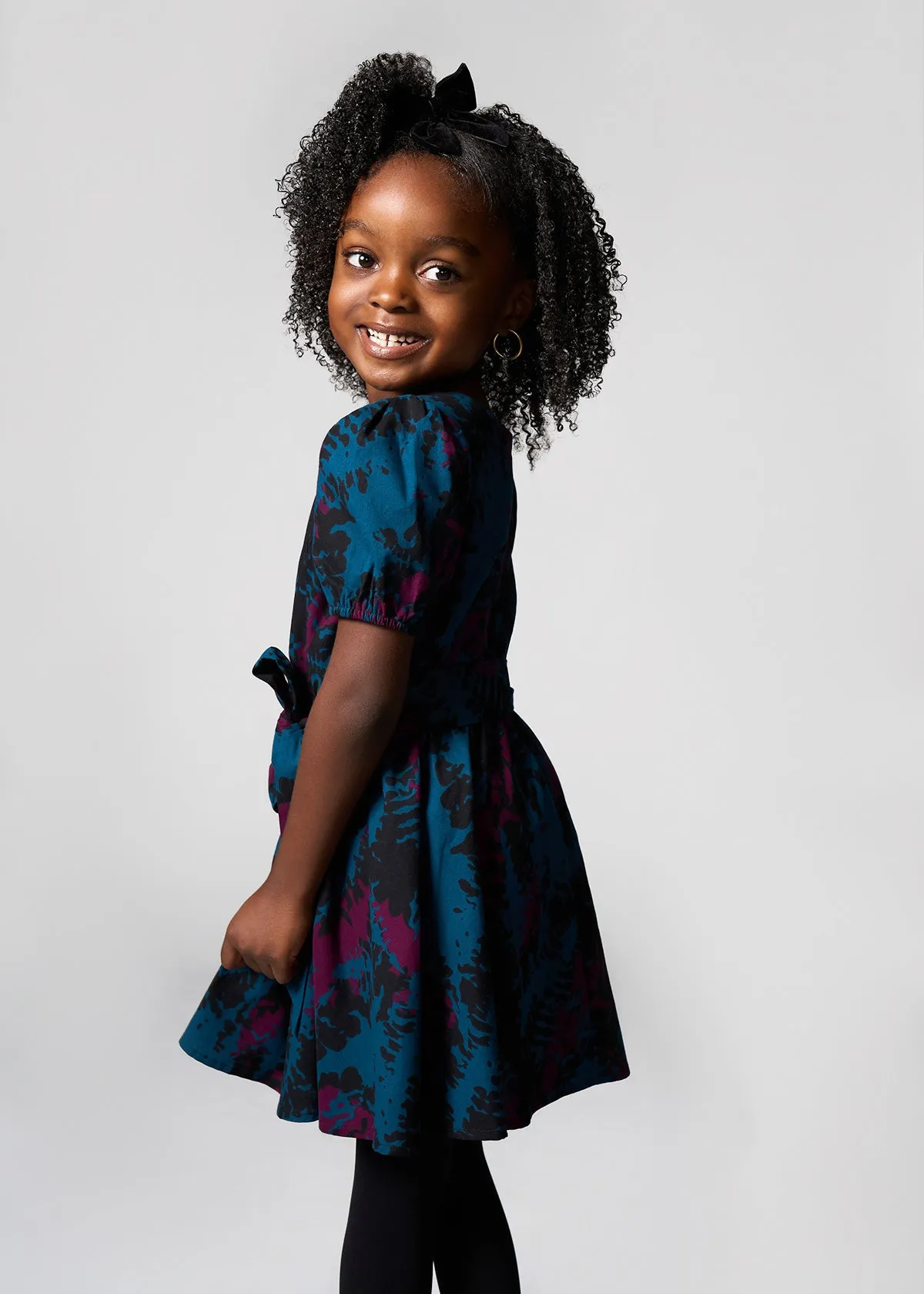 Akua Girl's African Print Dress (Midnight Teal Abstract)