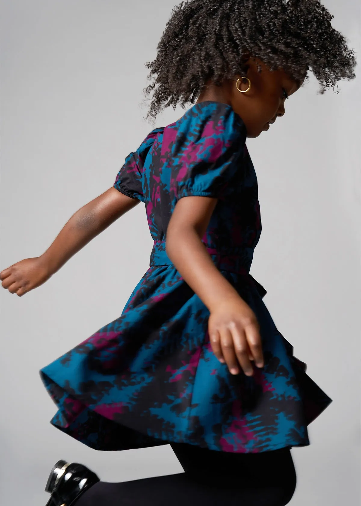 Akua Girl's African Print Dress (Midnight Teal Abstract)