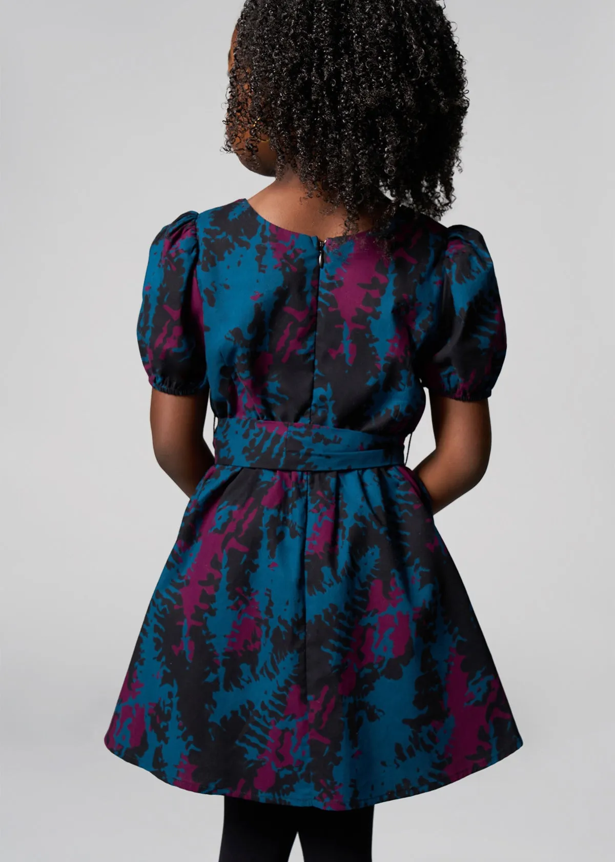 Akua Girl's African Print Dress (Midnight Teal Abstract)