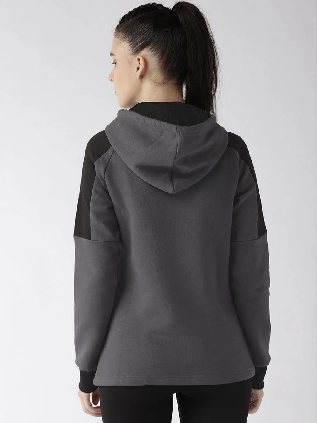 Alcis Women Charcoal Grey Black Printed Detail Hooded Sweatshirt