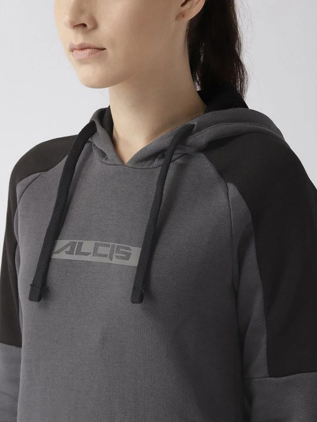 Alcis Women Charcoal Grey Black Printed Detail Hooded Sweatshirt