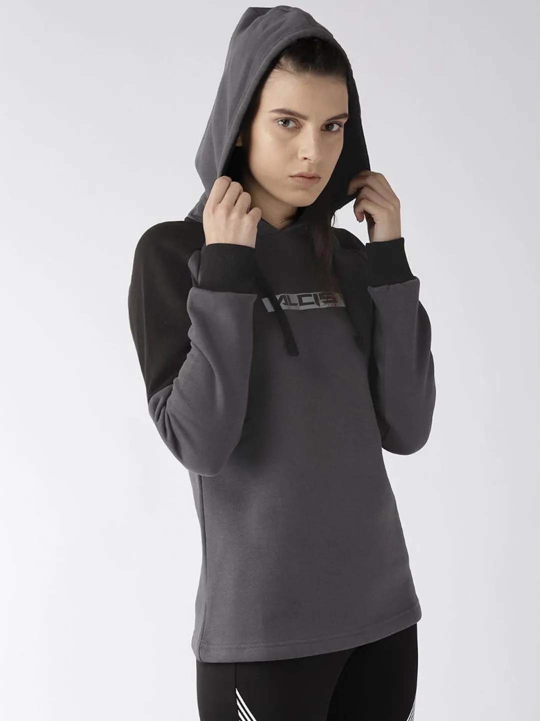 Alcis Women Charcoal Grey Black Printed Detail Hooded Sweatshirt