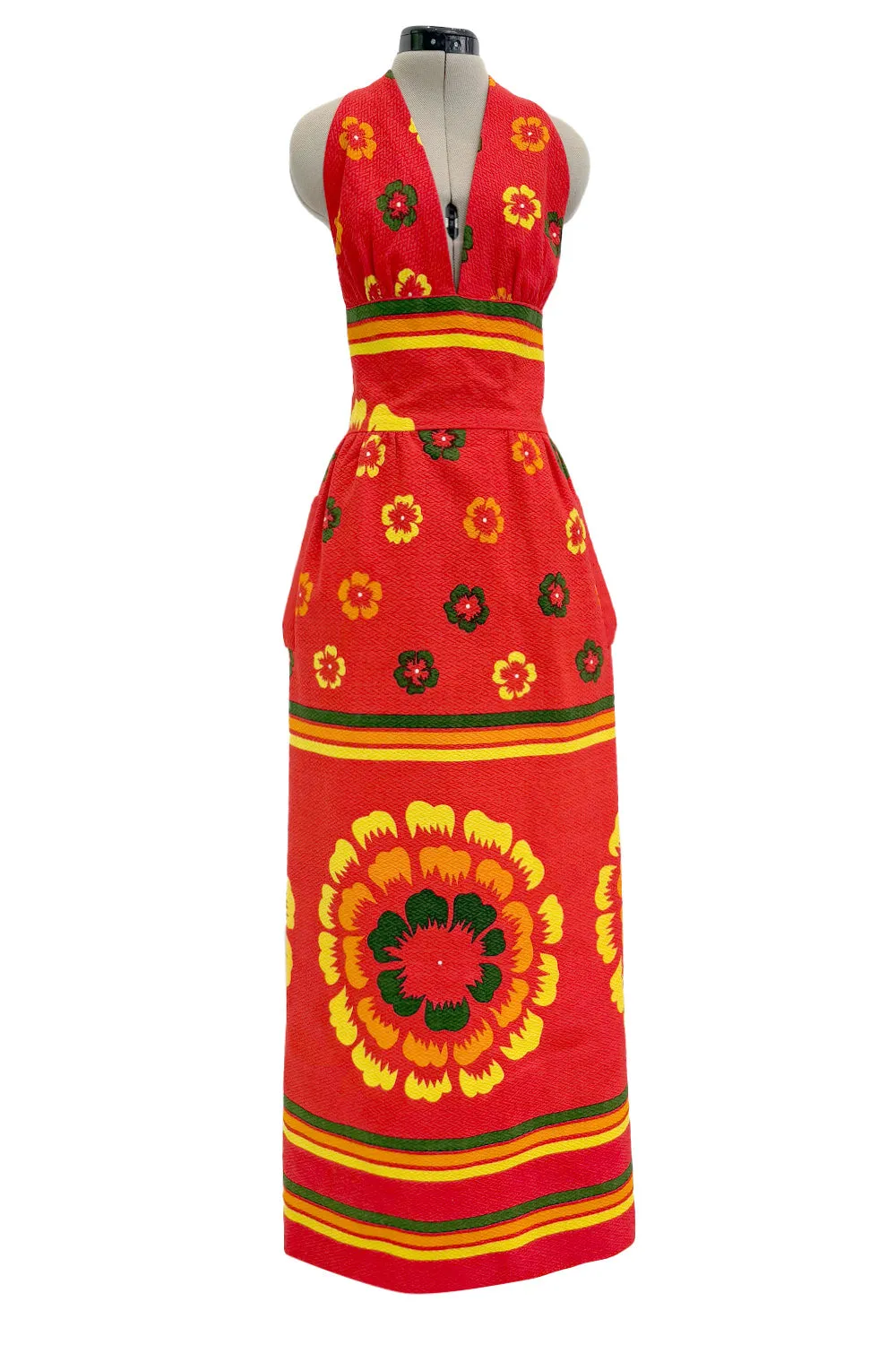 Amazing c.1971-1972 Lanvin by Jules-Francois Crahay Floral Printed Backless Halter Dress