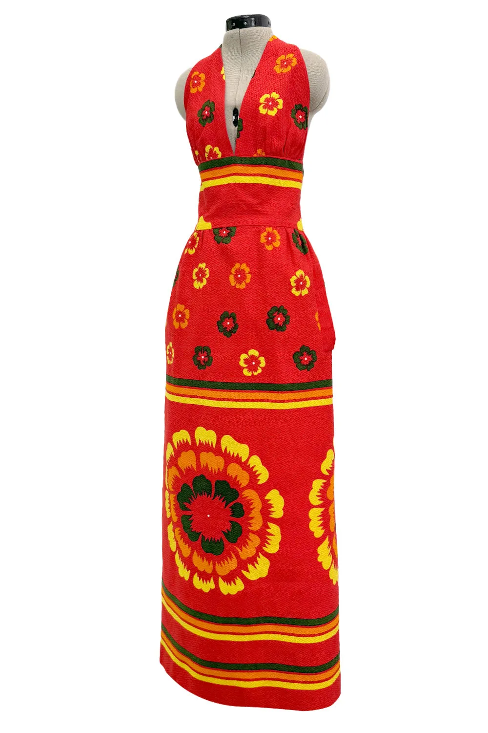 Amazing c.1971-1972 Lanvin by Jules-Francois Crahay Floral Printed Backless Halter Dress