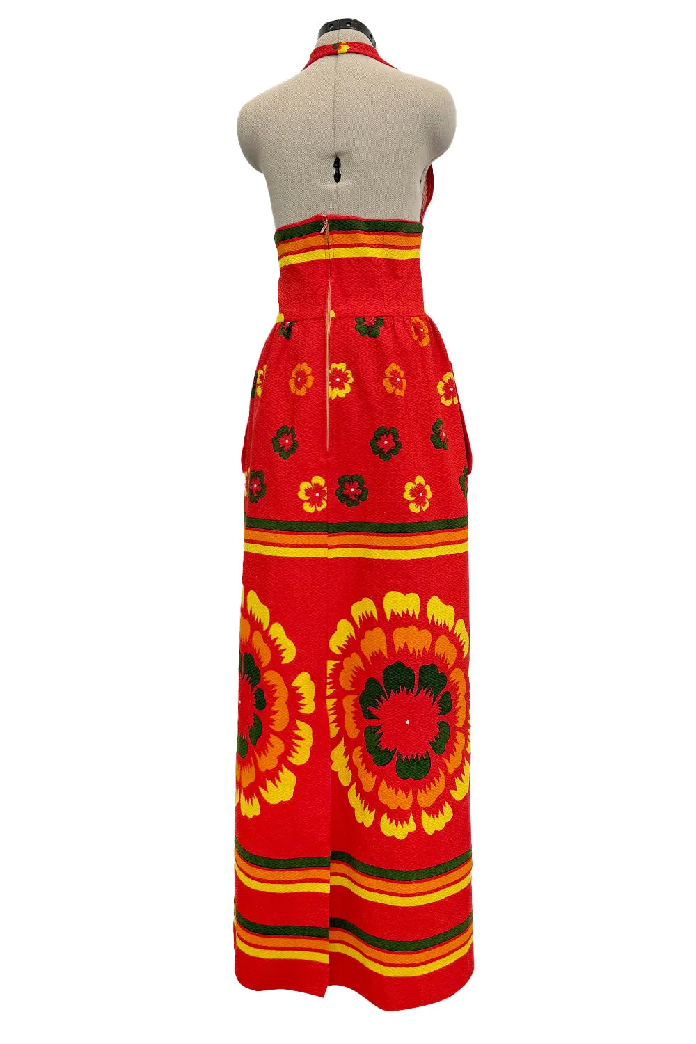 Amazing c.1971-1972 Lanvin by Jules-Francois Crahay Floral Printed Backless Halter Dress
