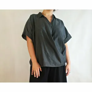 APOM pre-owned denim look tencil/cotton uniquely draped shirt / top size 14