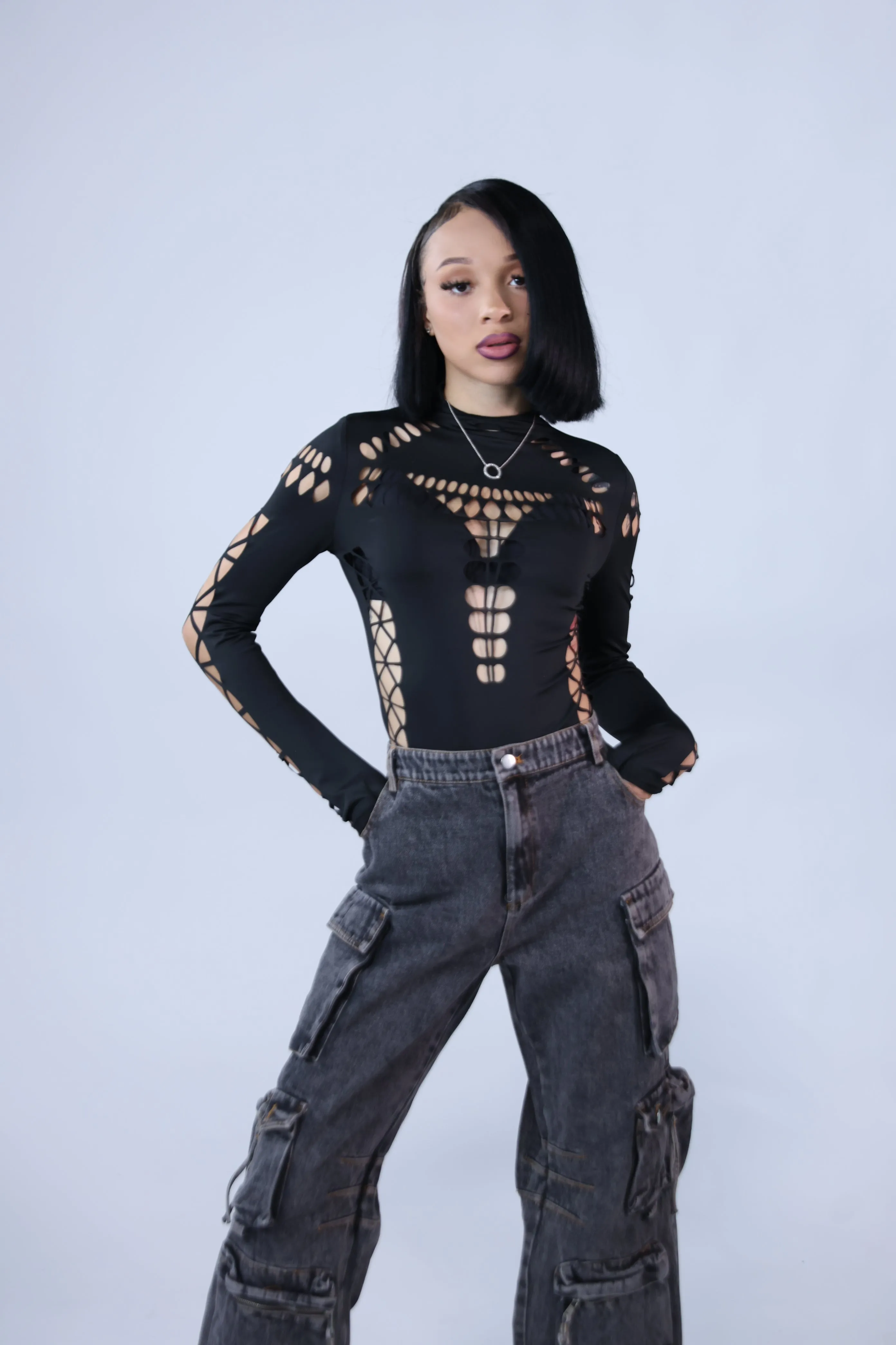 “Area Code” Black Multi- Hole Bodysuit