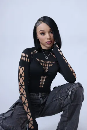 “Area Code” Black Multi- Hole Bodysuit