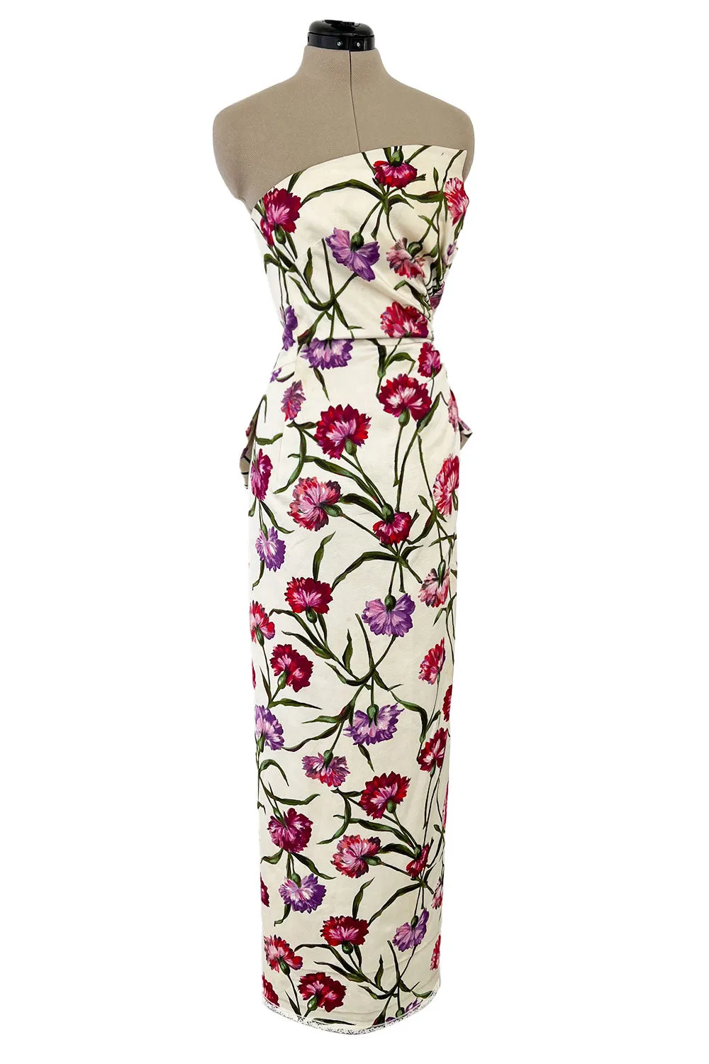 Beautiful 1950s Philip Hulitar Couture Brilliant Floral on Ivory Print Silk Strapless Dress