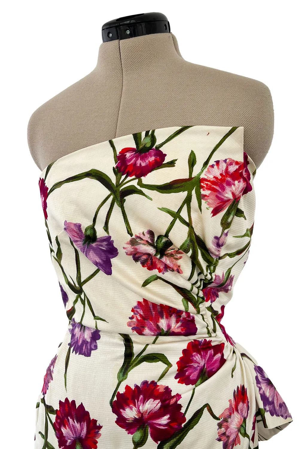 Beautiful 1950s Philip Hulitar Couture Brilliant Floral on Ivory Print Silk Strapless Dress