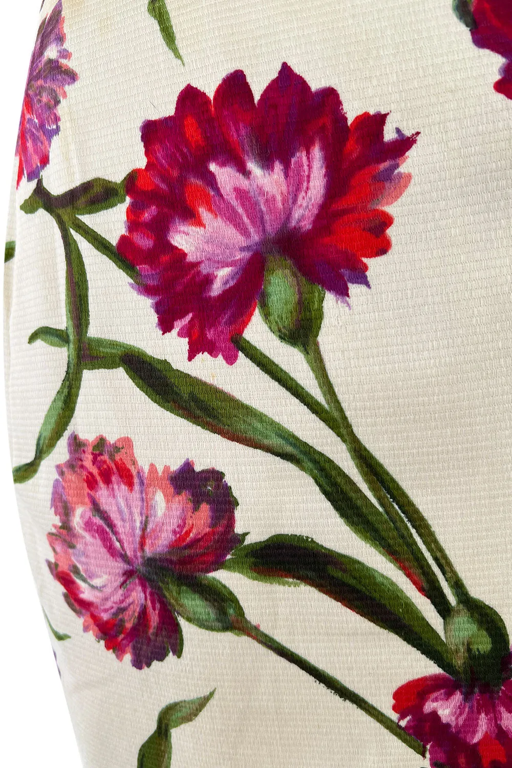 Beautiful 1950s Philip Hulitar Couture Brilliant Floral on Ivory Print Silk Strapless Dress