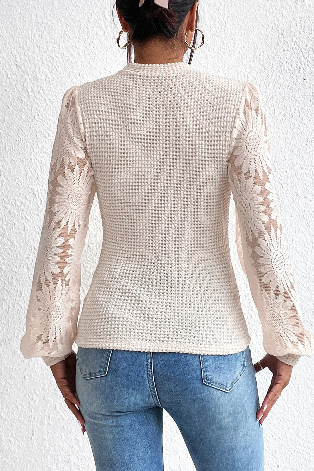 Beige Sunflower Mesh Long Sleeve Waffle Knit Top