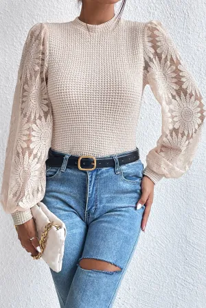 Beige Sunflower Mesh Long Sleeve Waffle Knit Top