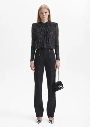 Black Rhinestone Mesh Top (Black)
