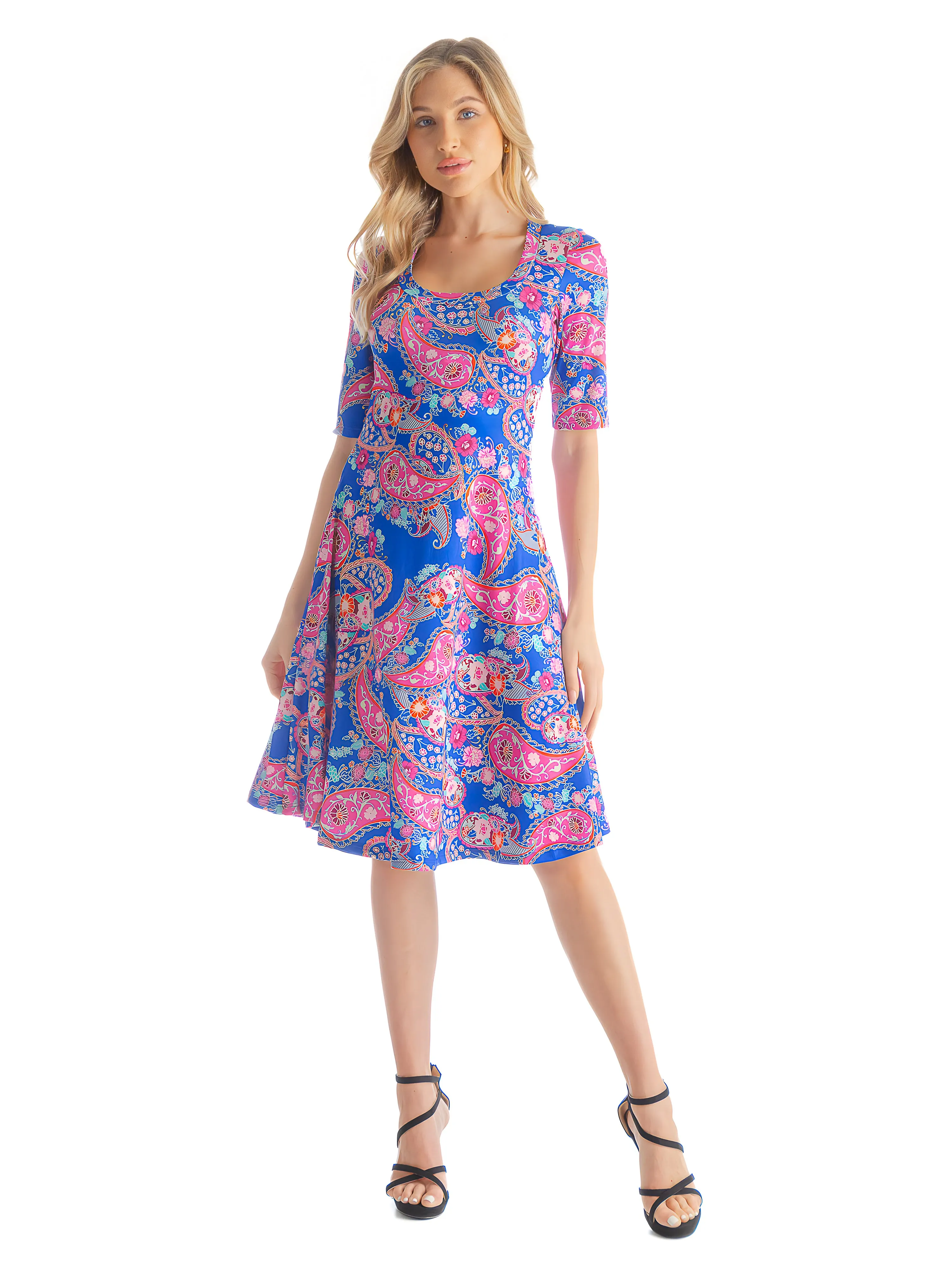 Blue Floral Print Elbow Sleeve Womens T Shirt Swing Dress