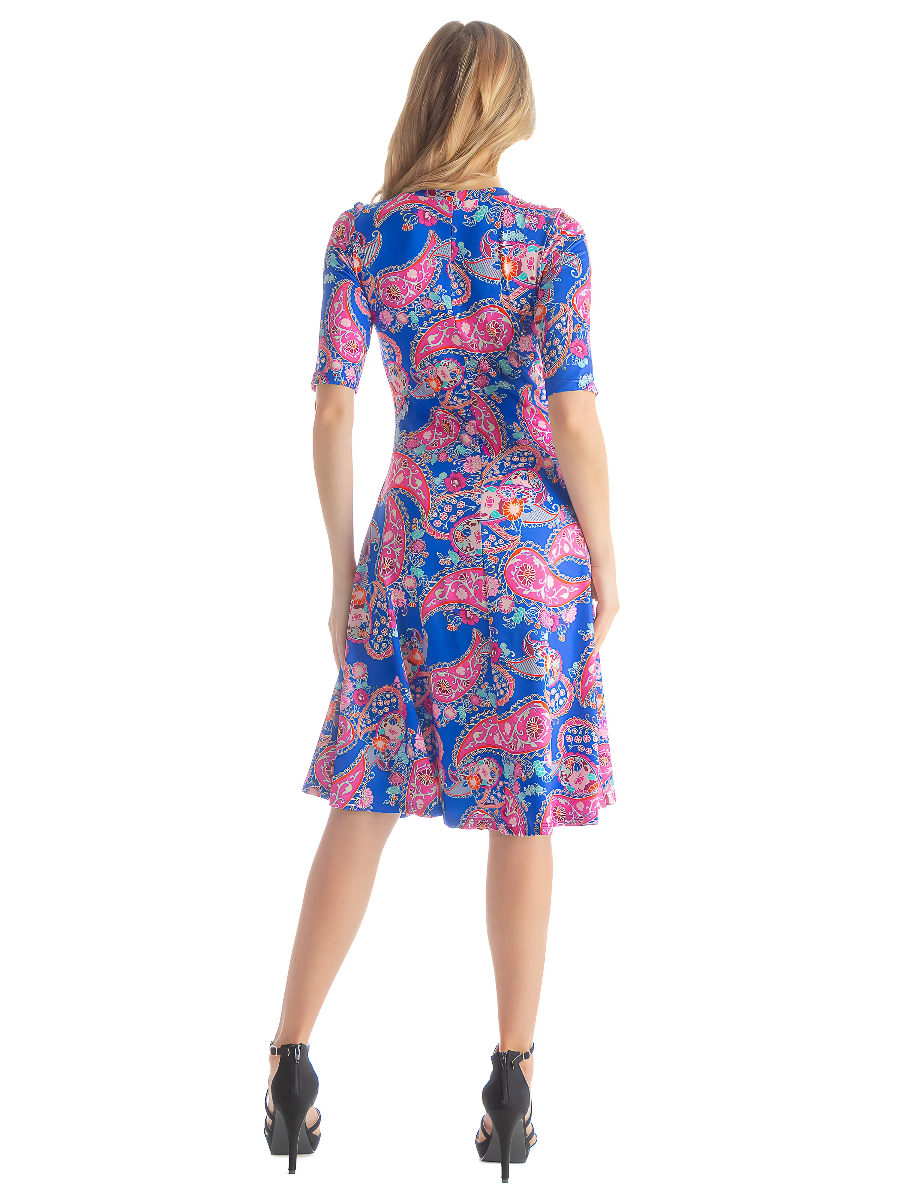 Blue Floral Print Elbow Sleeve Womens T Shirt Swing Dress