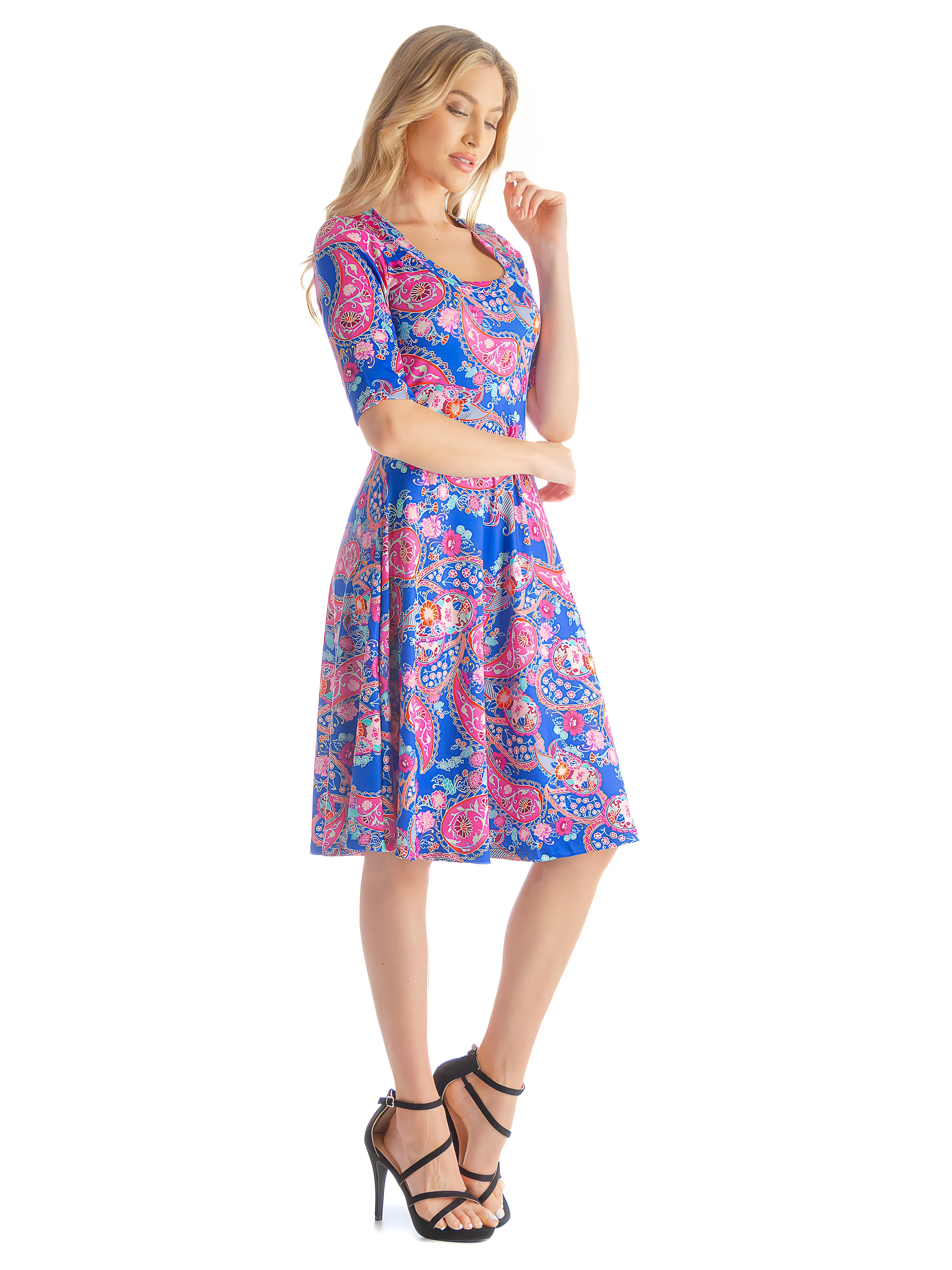 Blue Floral Print Elbow Sleeve Womens T Shirt Swing Dress