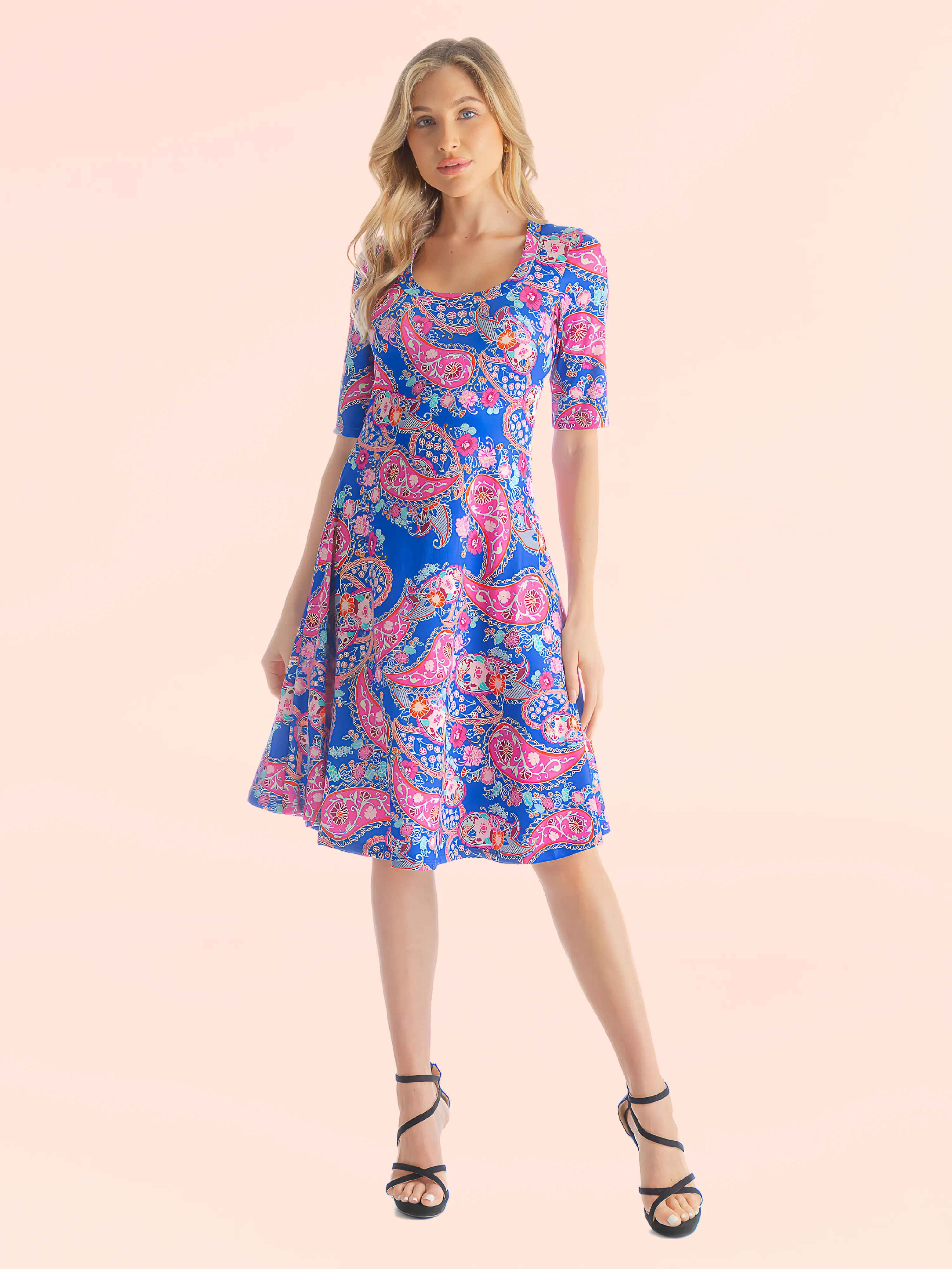 Blue Floral Print Elbow Sleeve Womens T Shirt Swing Dress