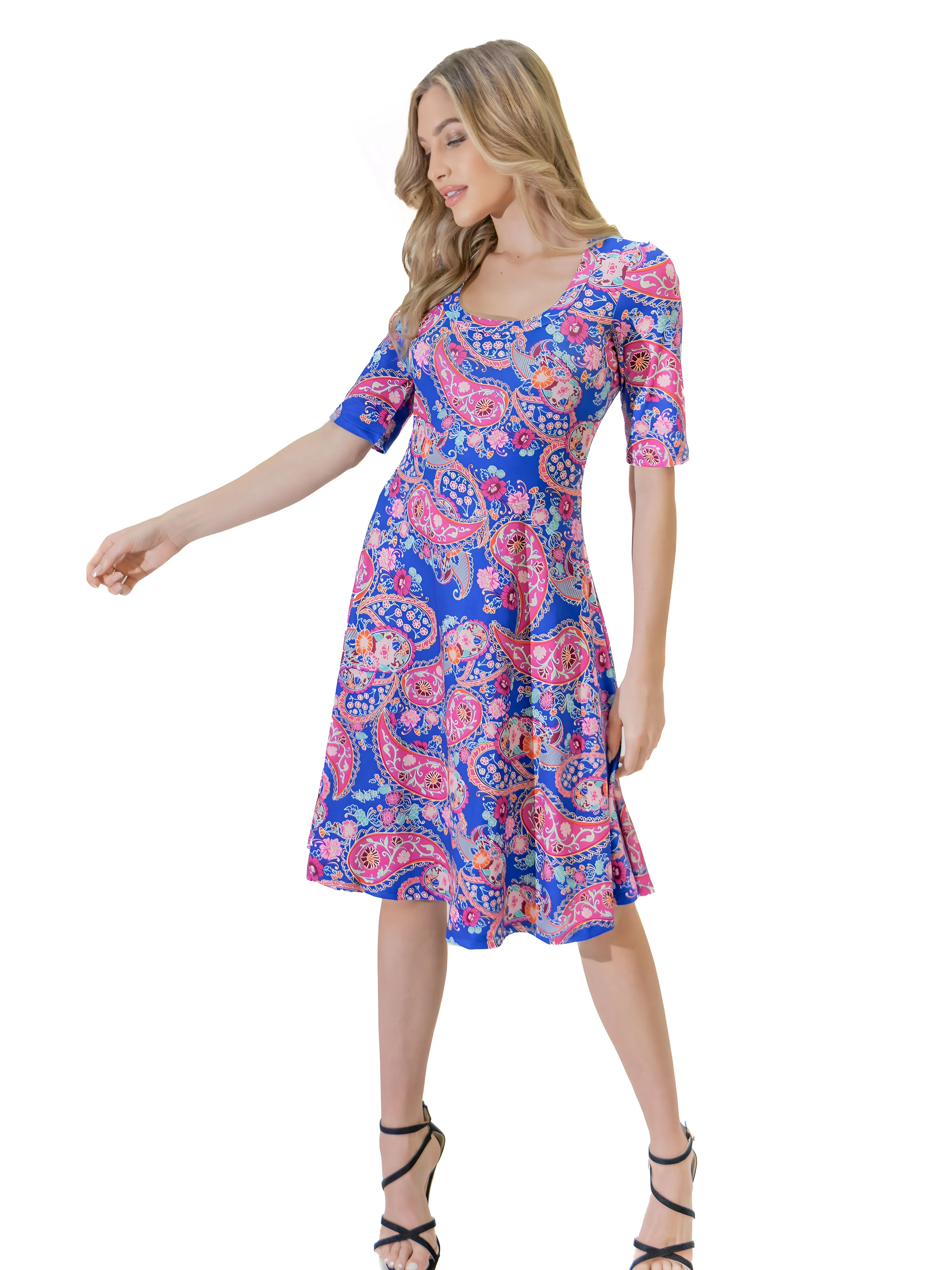 Blue Floral Print Elbow Sleeve Womens T Shirt Swing Dress