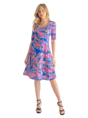 Blue Floral Print Elbow Sleeve Womens T Shirt Swing Dress
