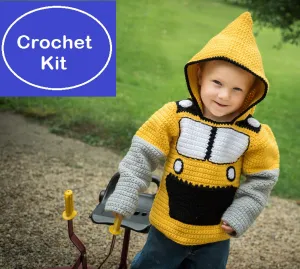 Bulldozer Toddler Hoodie Crochet Kit - Sizes 2 and 4 - Hoodie Zips up the Back