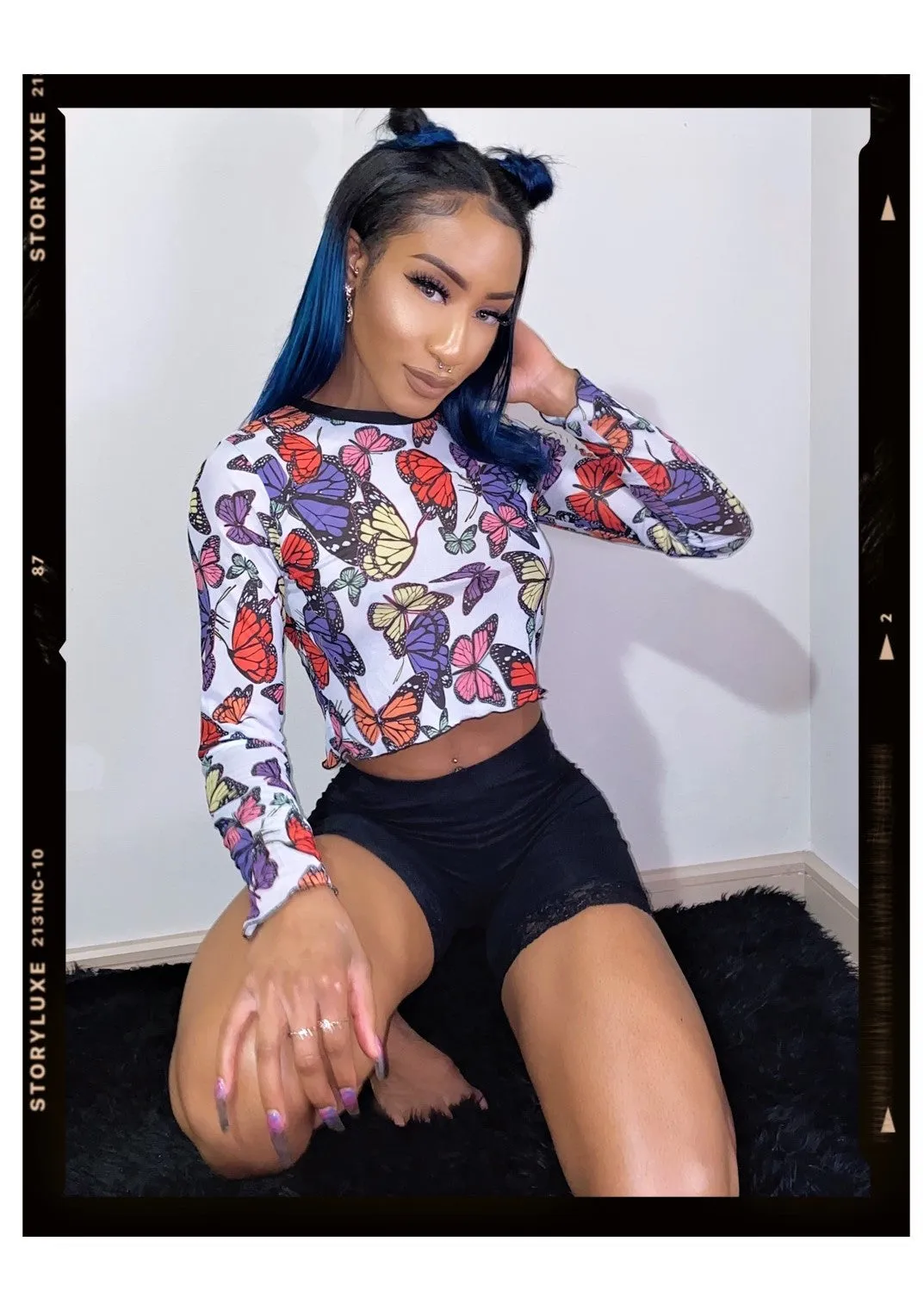 Butterfly Print Sheer Mesh Top