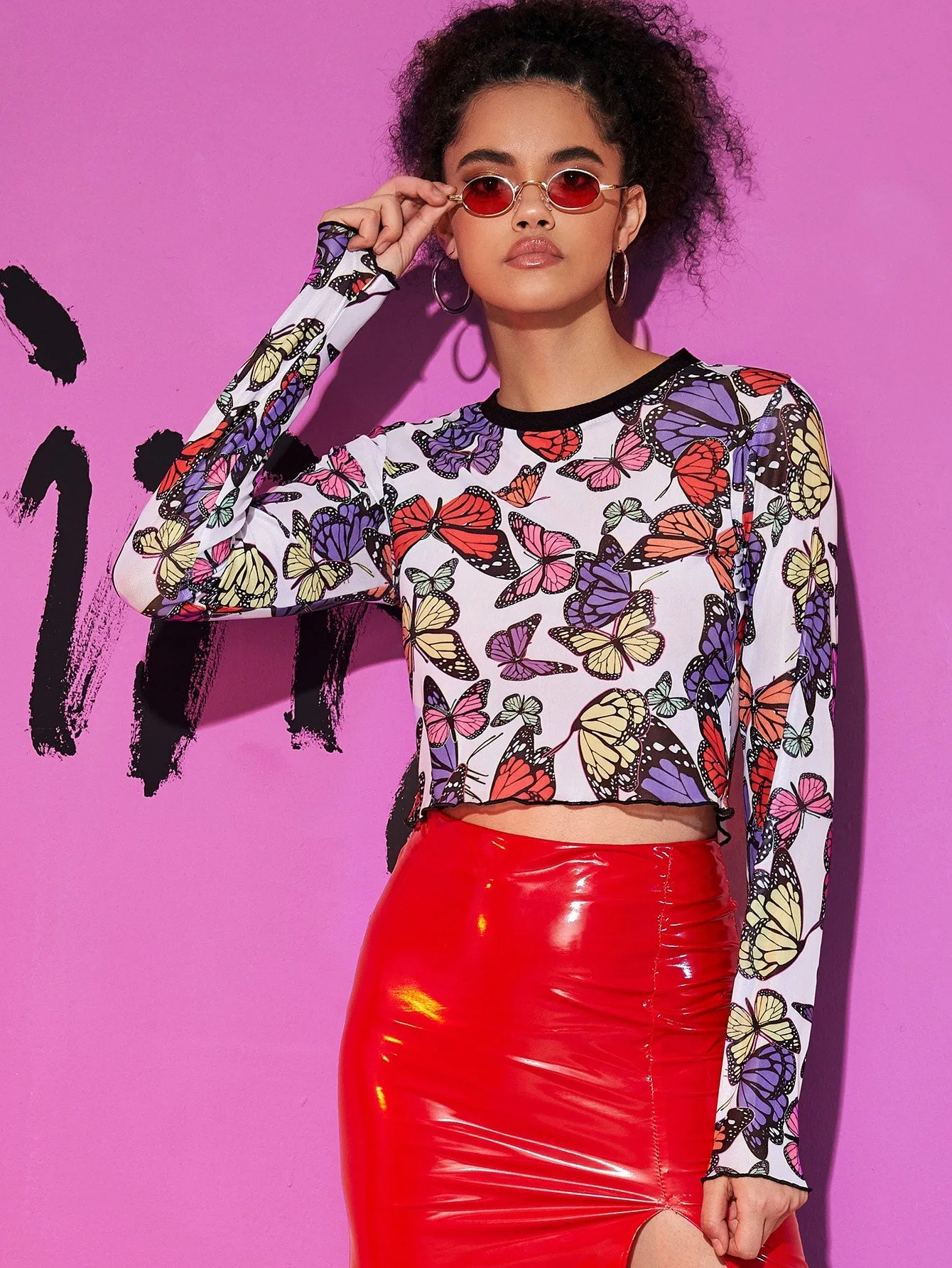 Butterfly Print Sheer Mesh Top