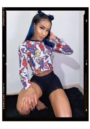 Butterfly Print Sheer Mesh Top