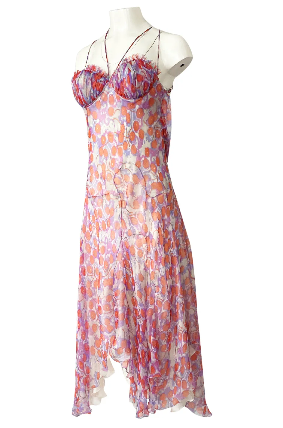 c2003 Alexander McQueen Silk Chiffon Cherry Print Backless Dress